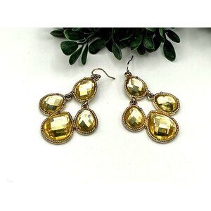 Gold-Toned Dangle Earrings With Faceted Yellow Resin Gemstones